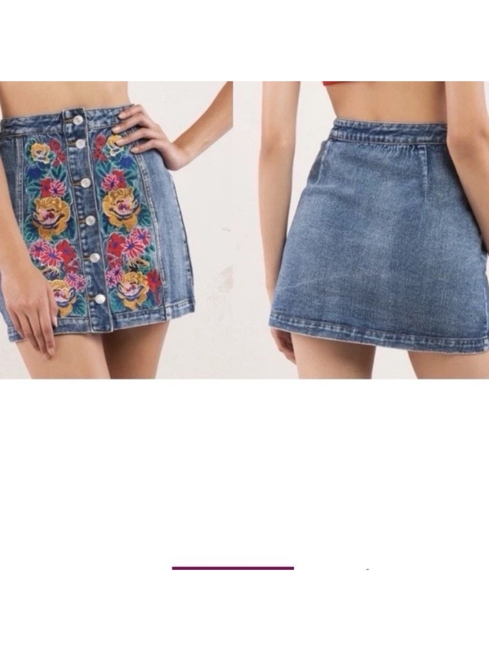 Boho Hipster Y2K Floral Denim Mini Skirt by Signature 8 Embroidered Blue SZ S - Picture 2 of 10